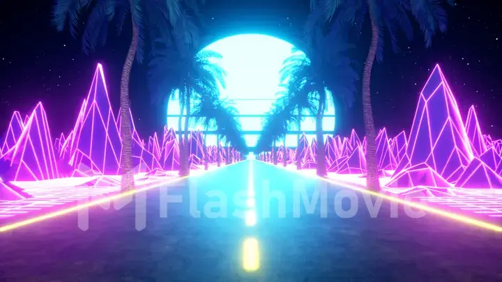 80s retro futuristic sci-fi. Retrowave VJ videogame landscape, neon lights and low poly terrain grid. Stylized vintage vaporwave 3d illustration background with mountains, sun and stars.