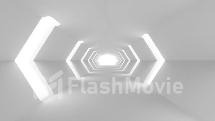Flying in a futuristic white sci-fi tunnel interior. Science fiction corridor. Abstract modern technology background. Seamless loop 4k 3D render animation