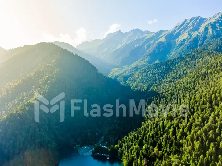 Stunning mountain landscape with a crystal clear blue lake. Aerial view