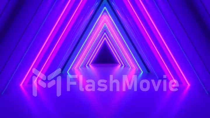 Abstract neon triangle tunnel technological. Endless swirling animated background. Modern neon light. Bright neon lines sparkle and move forward. 3d illustration