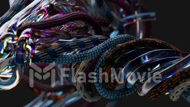 Live wires and ropes randomly move, twist and unwind. Black isolated background. Rainbow color. 3d illustration.