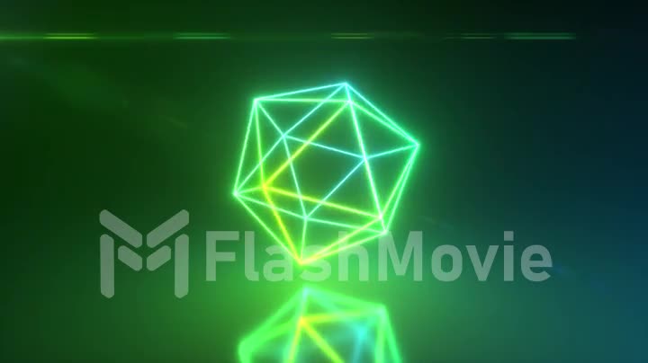 Abstract neon polygon rotating shape. Modern green color spectrum light. Seamless loop 3d render