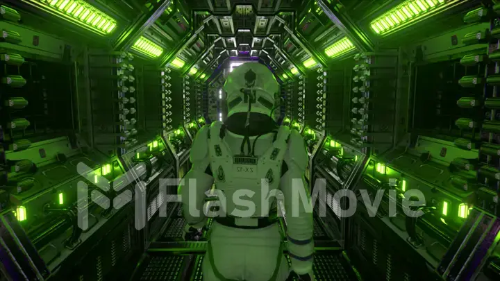 Astronaut walking in spaceship tunnel, sci-fi shuttle corridor. Futuristic abstract technology. Technology and future concept. Flashing light. 3d illustration