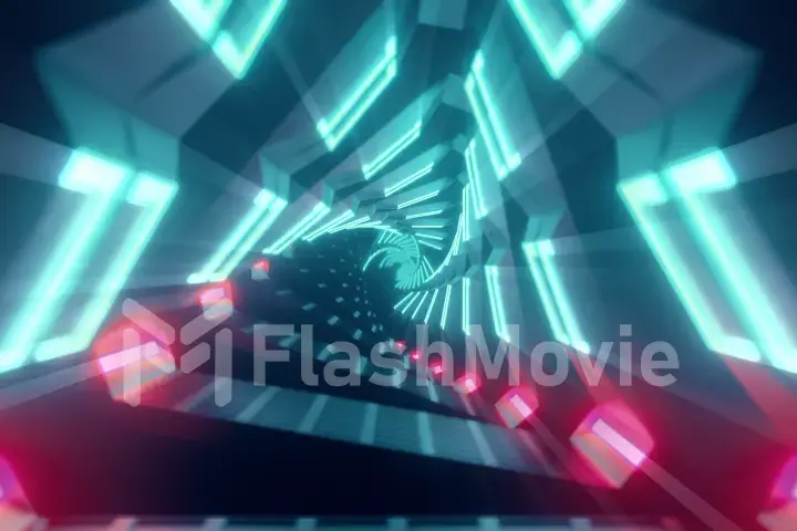 Flying through metallic glowing rotating neon triangles creating a tunnel, colorful spectrum, fluorescent ultraviolet light, modern colorful lighting, 3d illustration