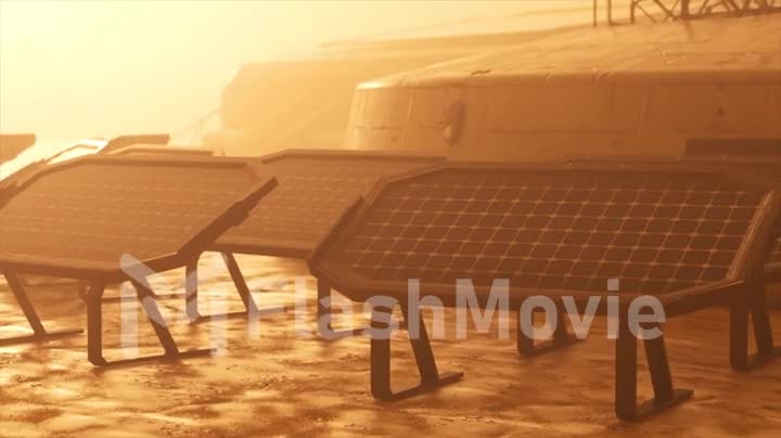 Base on Mars equipped with solar panels and equipment for data transmission. Exploration. Colonization. 3d animation.