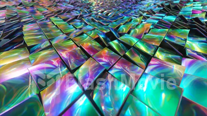 Abstract background of reflective holographic cubes creating a wave surface. Modern neon lighting, trendy background. 3d illustration