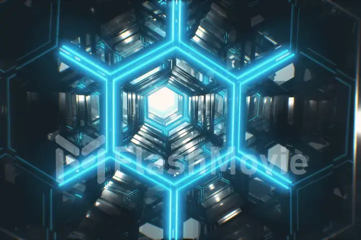 Infinite 3d illustration flight in a bright futuristic corridor made of metal