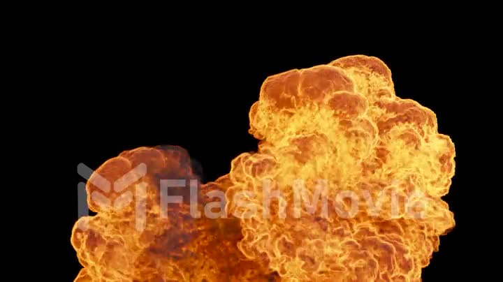 Ultra realistic fiery explosion from a bomb or gas with black thick smoke on an isolated black background. Close up