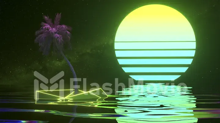 Retro futuristic style. Album's cover 80's. Digital palm tree. Water. Neon sunset. Green blue color. 3d illustration