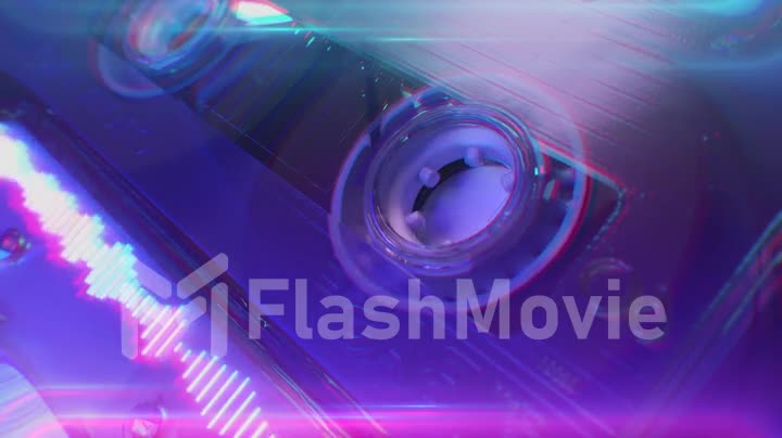 Rotating tape on an old vintage cassette. Retro music concept. Neon equalizer. Vintage neon lighting. 3d animation of seamless loop.