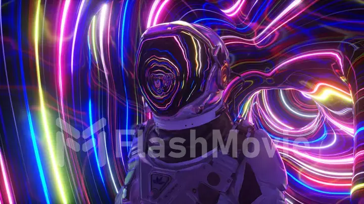 Astronaut in the fourth dimension. Neon surroundings and bright stripes. Sci-fi 3d illustration