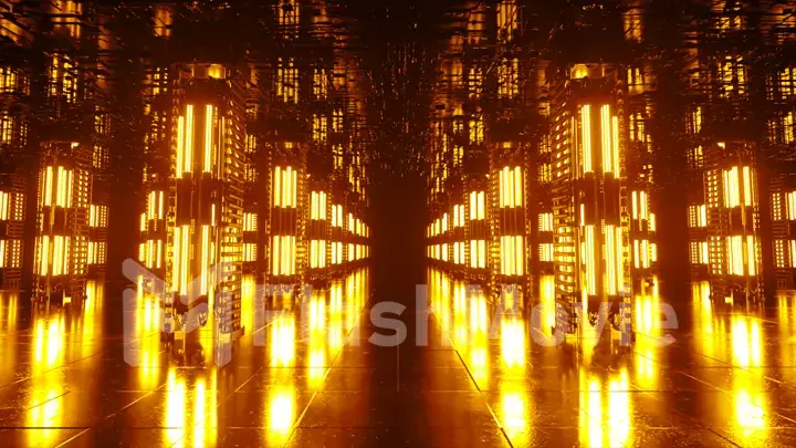 A long futuristic corridor with a technological interior. Neon light moving rapidly from the end of the tunnel. Sci fi room. Seamless loop 3d animation