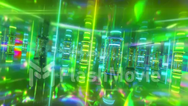 Fly through a futuristic corridor along neon glass pillars and columns. Modern ultraviolet neon glow. 3d illustration