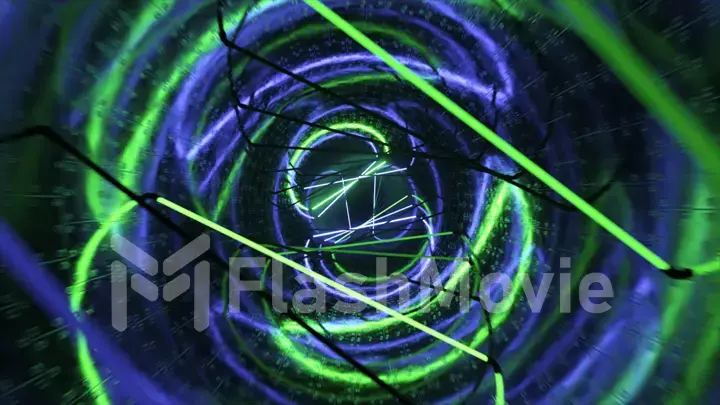 Flying in a metal tunnel with neon lighting. Halogen lamps. Abstract background. Modern blue green spectrum. 3d illustration