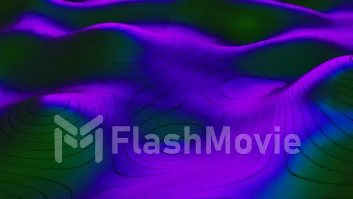 Abstract background of topographic map concept. Contour map stripes. Valleys and mountains. Geography concept. Wavy backdrop. Magic neon light curved swirl line. 3D illustration