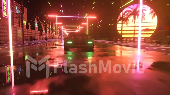 Car and city in neon style. 80s retro wave background 3d illustration. Retro futuristic car drive through neon city.