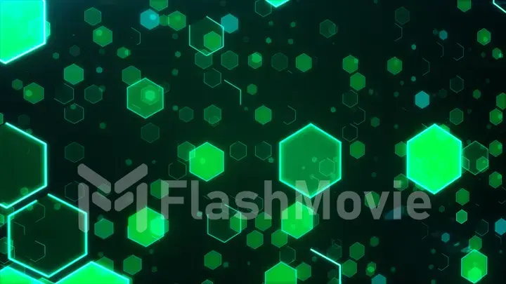 Abstract technological background with green luminous hexagons. 3d illustration