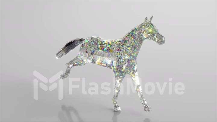 The diamond horse is running. The concept of nature and animals. Low poly. White color. 3d animation of seamless loop