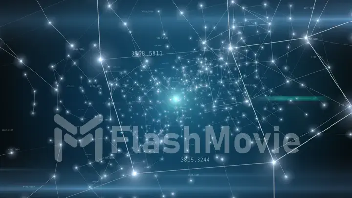 Growing global network and data connections flying in technology space. You can use it for a technology, communication or social media background. Blue color. 3d illustration