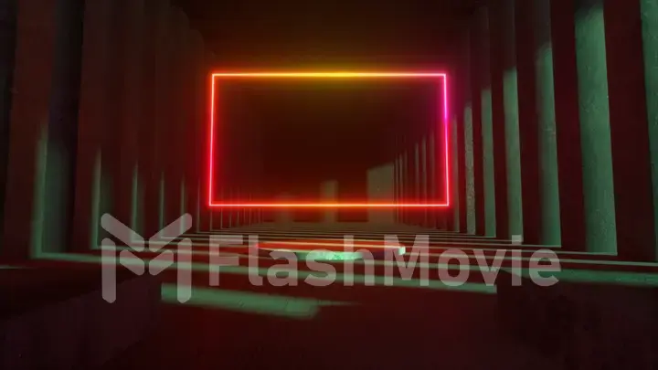 Bright neon frame in the middle of a stone concrete museum. Copy space. Modern light spectrum. Architectural neon animation background 3d illustration