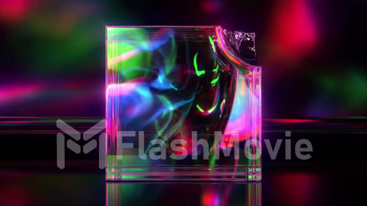 The diamond cube disappears and reappears. Liquid diamond. Pink neon light. Dispersion. 3d animation of seamless loop