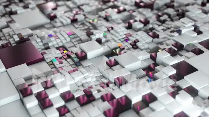 Abstract 3d white rainbow cubes background. Futuristic concept of network, data, digital. 3d animation of seamless loop