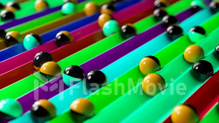 Bright colorful background with rolling balls along the paths. Minimalism and fashion concept. 3d illustration