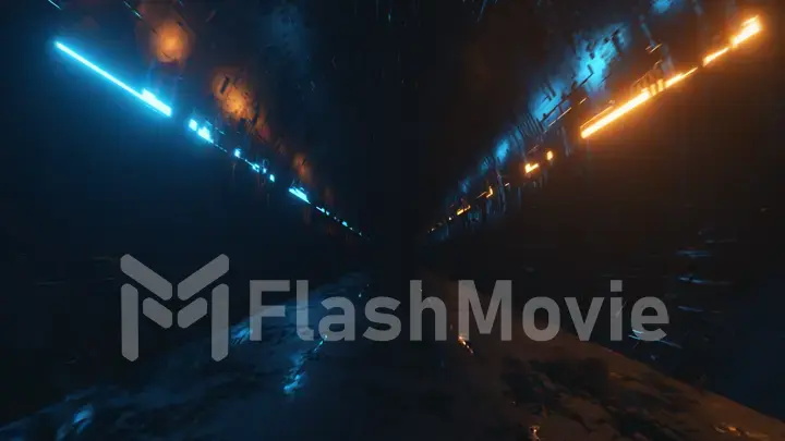 Endless flight in a futuristic metal corridor with neon lighting. Technology and future concept. Modern blue orange light spectrum 3d illustration