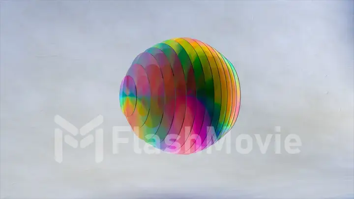 Abstract concept. A sphere of transparent colored disks changes color in wave-like movements. Rainbow. Separation. Turn.