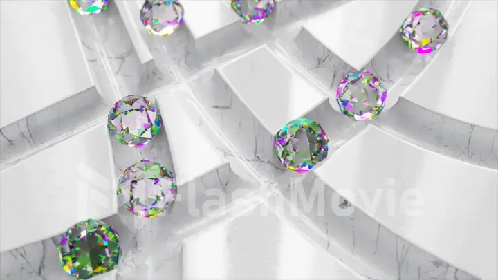 Game concept. Diamond balls roll across the white marble labyrinth. White green diamond sphere. 3d Illustration.