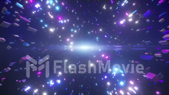 Abstract concept. Flight through many rectangular particles. neon light. Blue purple color. Space. 3d illustration