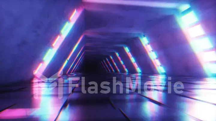 Flying in futuristic tunnel with fluorescent ultraviolet lights. Sci-fi interior corridor. Modern neon blue purple light spectrum. 3D illustration