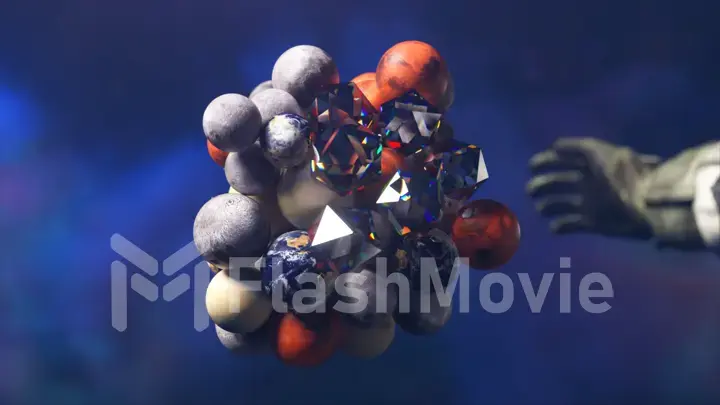 3D visualization of space objects grouped together under the force of gravity. Planets. Diamonds. Clouds in background