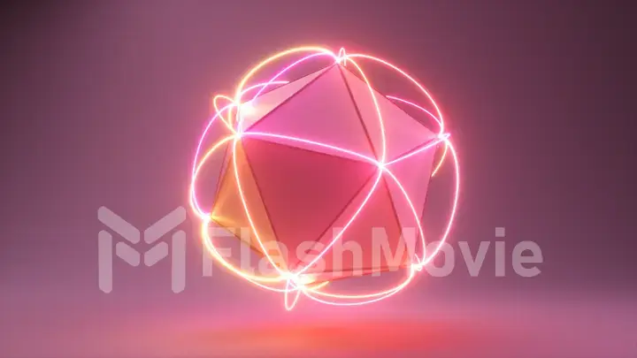 Abstract volumetric polygon with connecting neon lines at the corners. Technological concept. 3d illustration