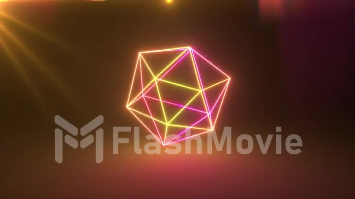 Rotating abstract geometric neon figure. Modern ultraviolet yellow purple light spectrum. Seamless loop 3d render