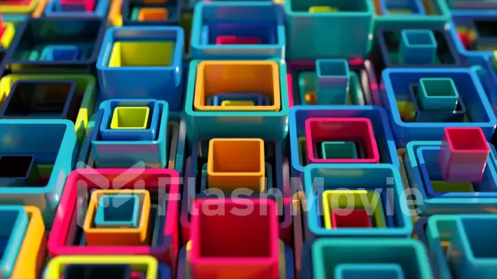 Colored square pipes of different heights are stacked inside each other. Abstraction. Blue pink color. 3d illustration