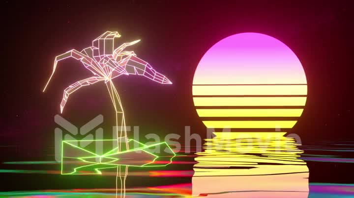 Neon palm tree on a retro background. Water surface. Yellow pink color. 3d animation of seamless loop