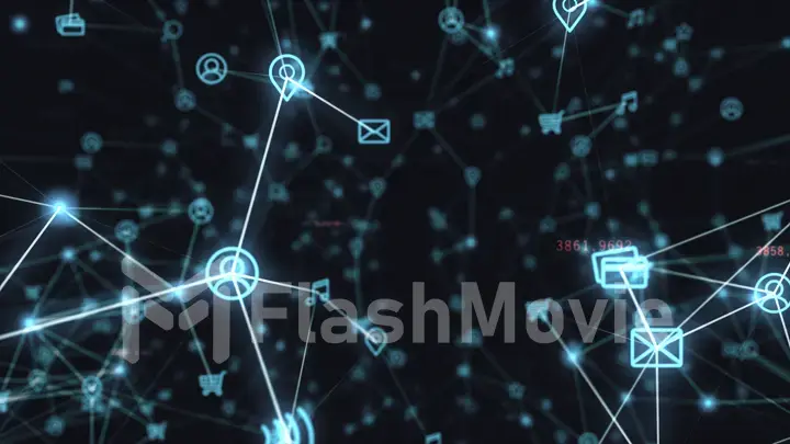 Background of randomly moving network and internet related things. Online shopping, social networks, connections, global connections. 3d illustration