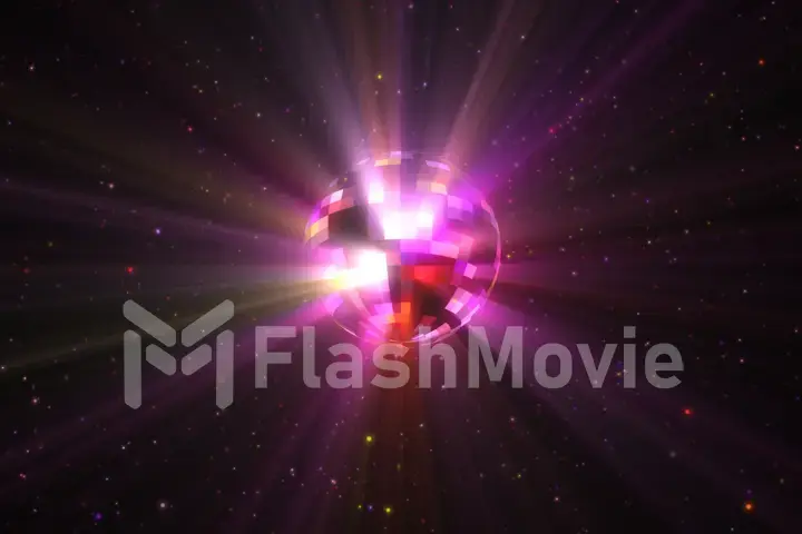 3d illustration rotation of a colorful multi-colored disco ball with particles and rays