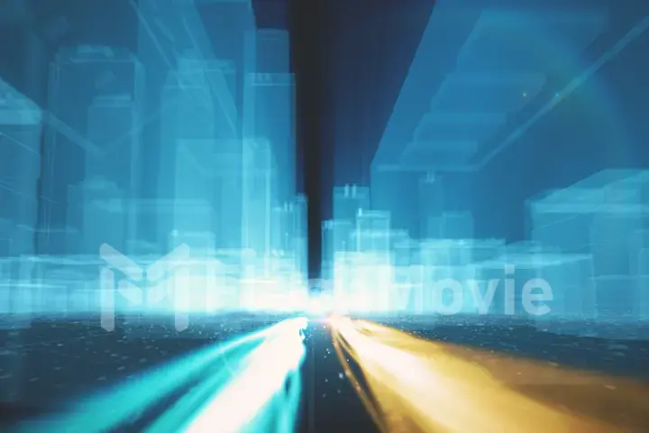 Abstract background of fiber optic cables carrying information into wireframe city buildings 3d illustration
