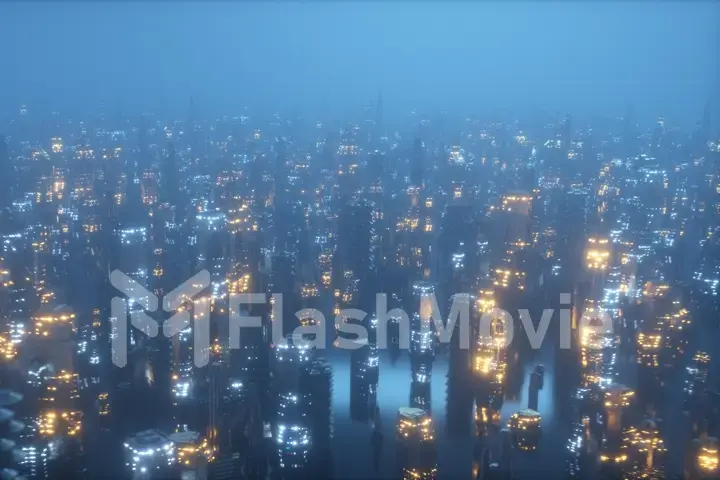 Futuristic city at night in the fog, the city of the future is covered with a grid of connections, the concept of information transfer 3d illustration