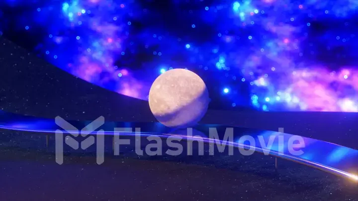 The ball of Moon smoothly rolls along the wavy chrome surface on a fantastic space, neon blue purple color.