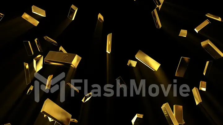 Falling gold bars in slow motion on black isolated background. 3d illustration