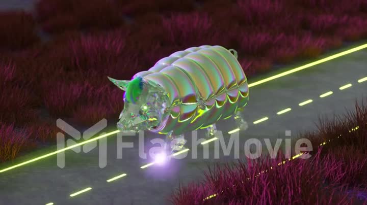 Abstract concept diamond pig walks on asphalt road. Purple grass around. Green hair. 3d animation of seamless loop