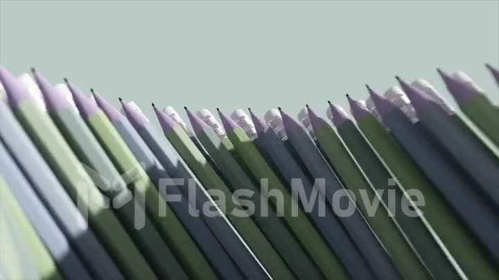 Top view of colored pencils moving in rows in different directions. Pencil lead and eraser. Clerical. 3d animation