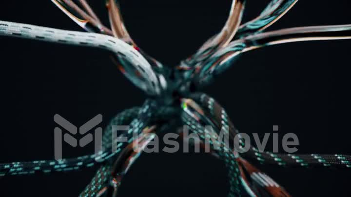 On a black background, an invisible force moves black fabric threads. Cables, ropes, ropes. Clarity change. 3d animation