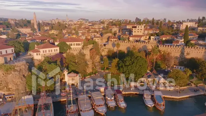 Aerial view of amazing old port. Seascape with boats and sea in marina bay. Top view of the harbor.