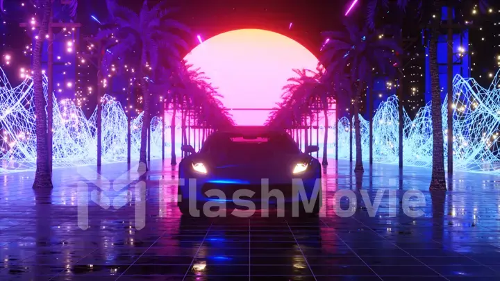 Car and city in neon style. 80s retro wave background 3d illustration. Retro futuristic car drive through neon city.