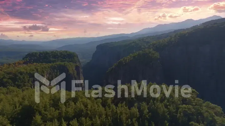 Top view of high rocks in mountainous area. Sunset sky. Pink purple clouds. The tops of the trees. High quality photo