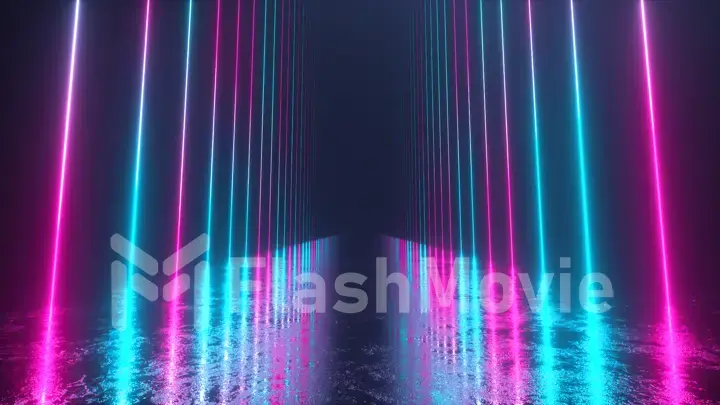 Endless corridor with neon lines tending down. Metal reflective scratched floor. 3d illustration. Modern colorful neon light spectrum